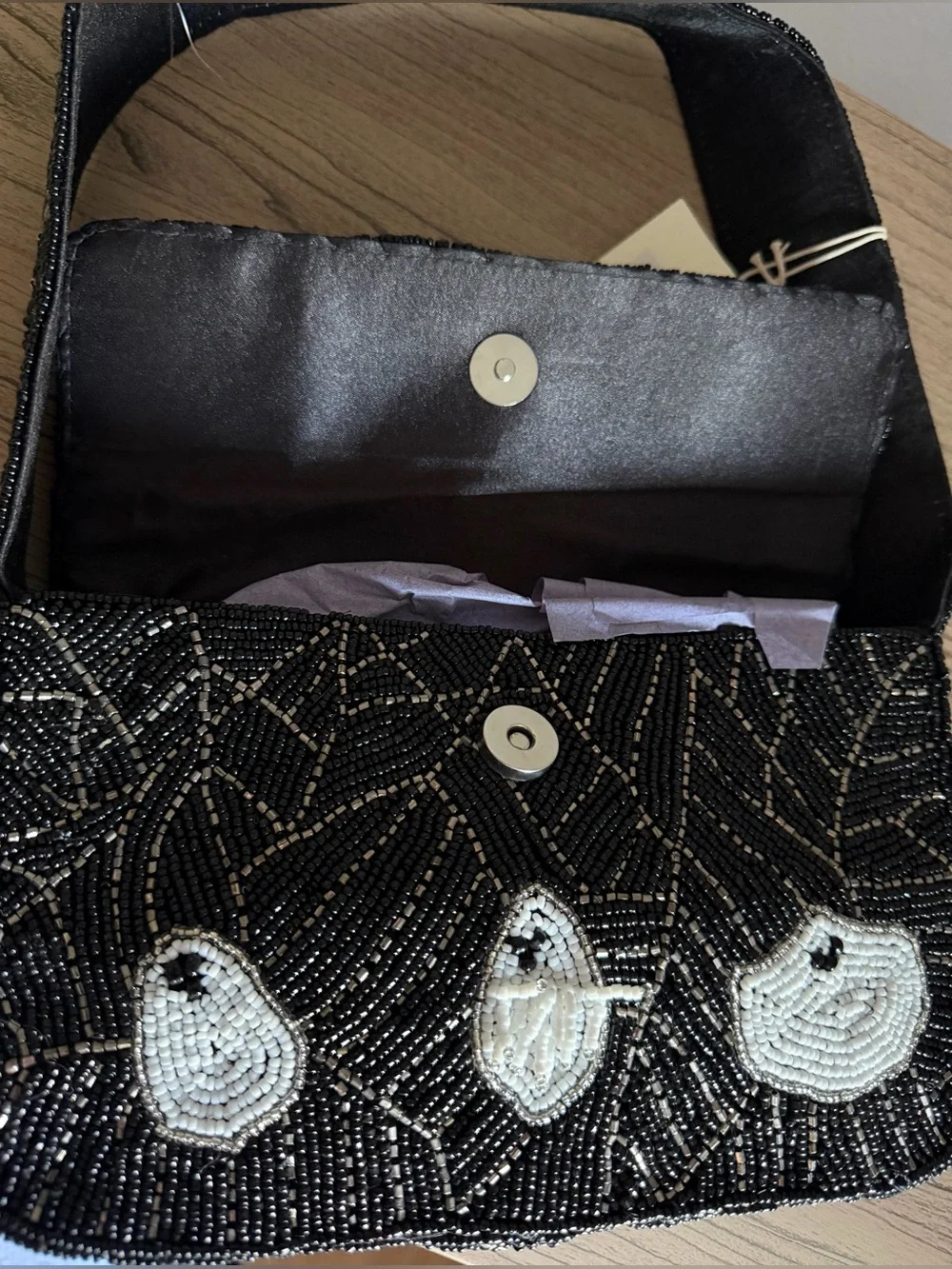 Viral Black Beaded Ghost Motif Halloween spider web Shoulder Bag sol & mer